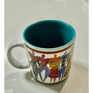 Vtg Laurel Burch Open Hearts Coffee Mug Cup 2004 Teal Gold Accents Folk Art Cat